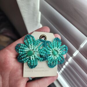 Anthropologie Teal Beaded Floral Earrings Nwt